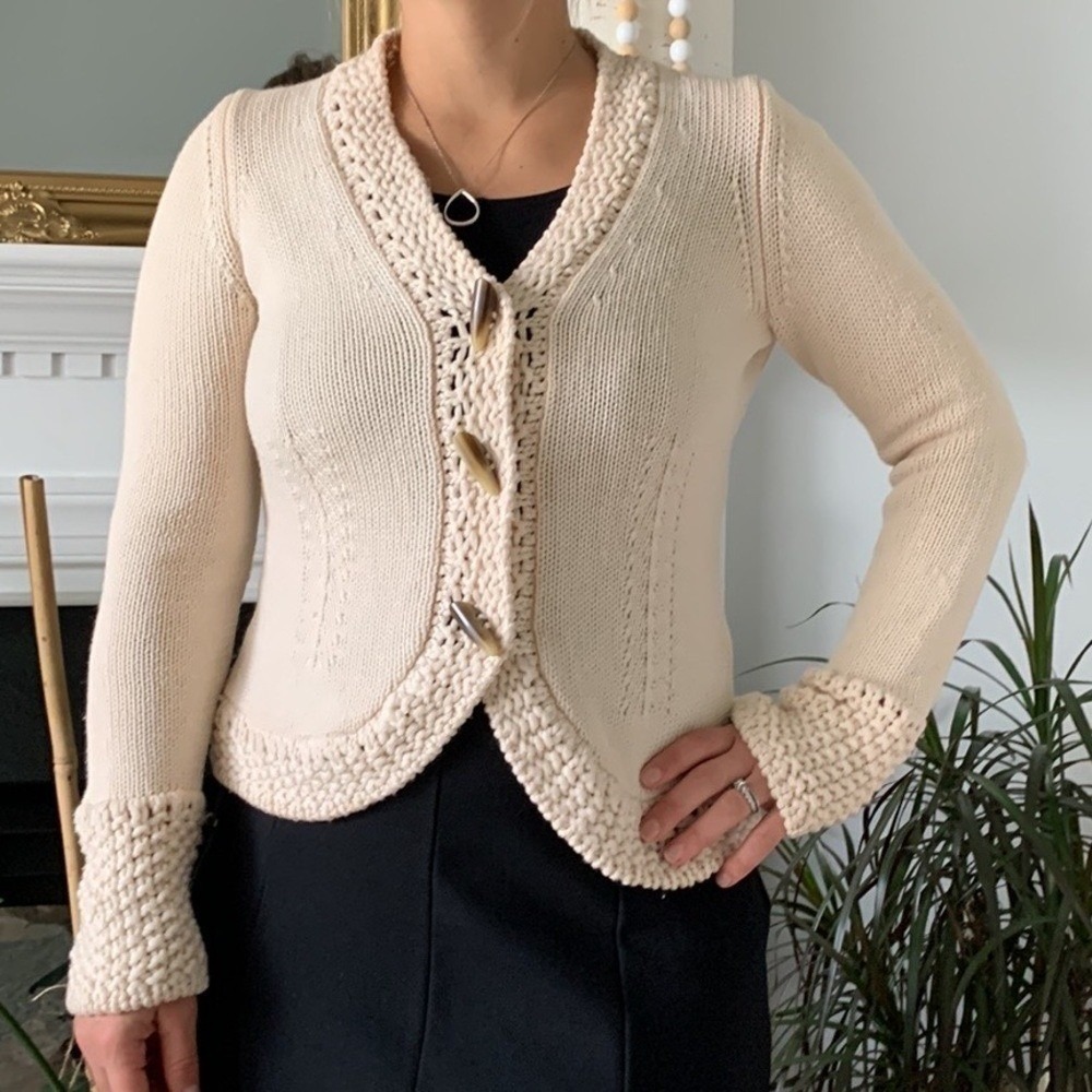 Les Copains Blue Wool Knit Crochet Cardigan size M 42 made in Italy beige